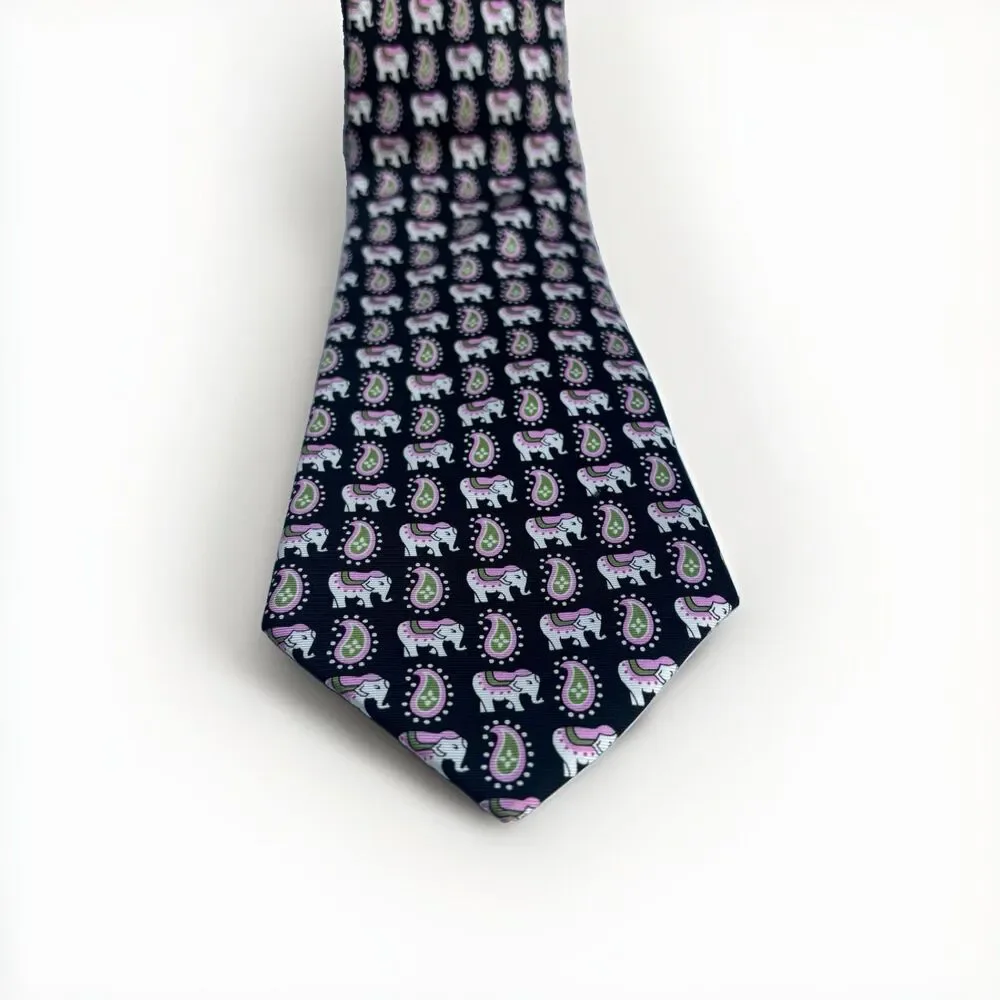 Vera Bradley for Baekgaard 100% Silk Necktie Elephant Paisley Black Pink Green